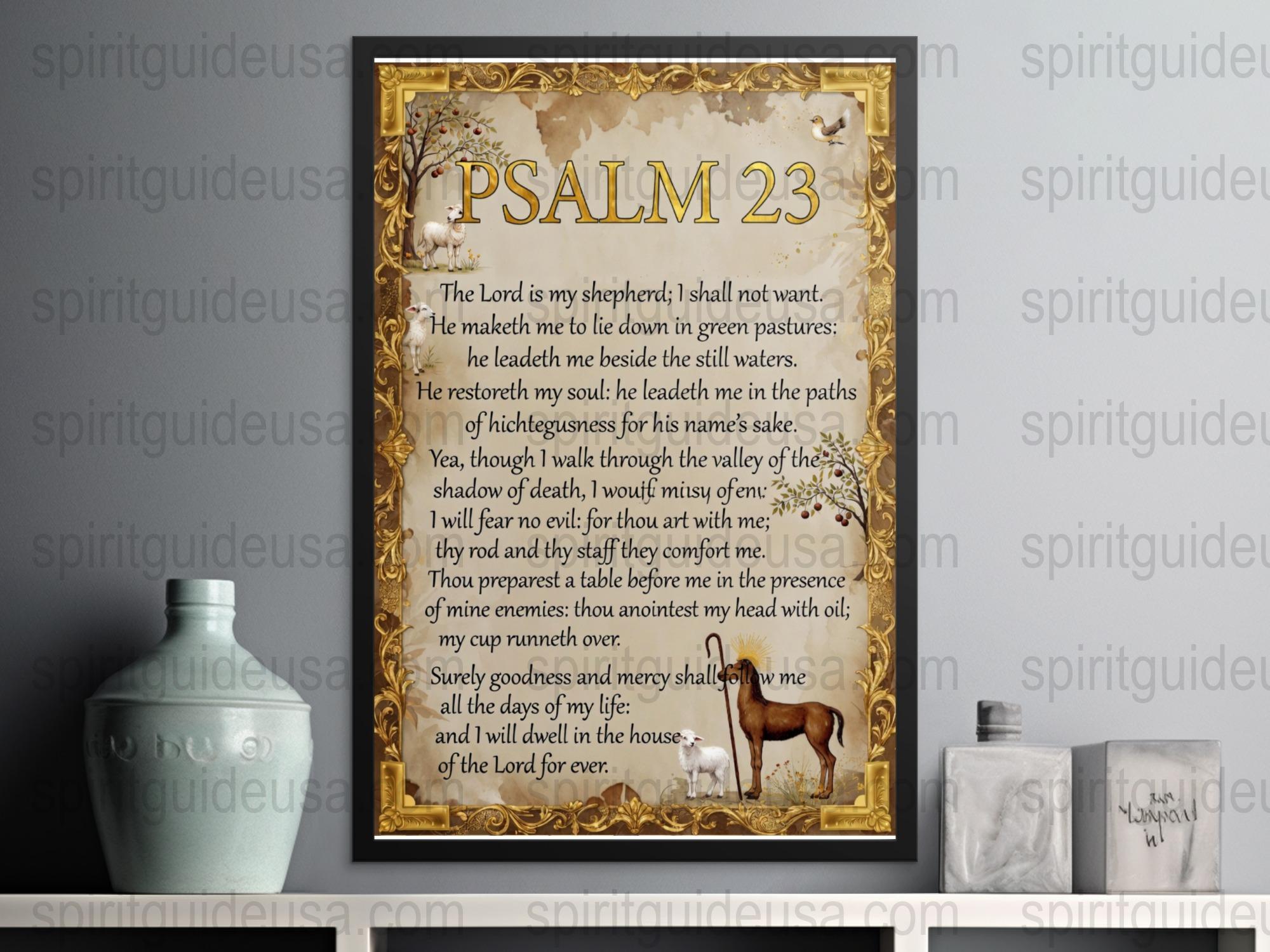 Psalm 23 Bible Verse Framed Print, Vintage Gold Frame Religious Wall Art, Christian Home Decor, Inspirational Scripture Gift