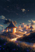 Enchanted Night Village Art Print, Starry Sky, Fantasy Landscape Poster, Whimsical Home Decor Wall Art