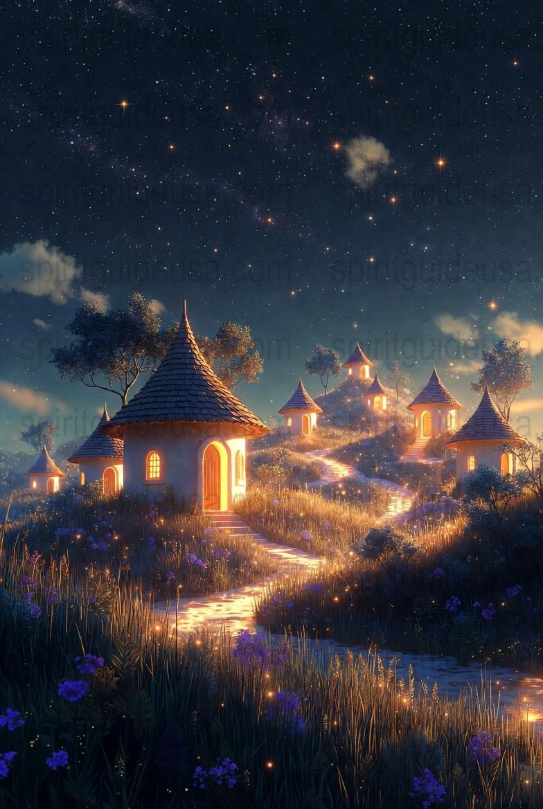 Enchanted Night Village Art Print, Starry Sky, Fantasy Landscape Poster, Whimsical Home Decor Wall Art