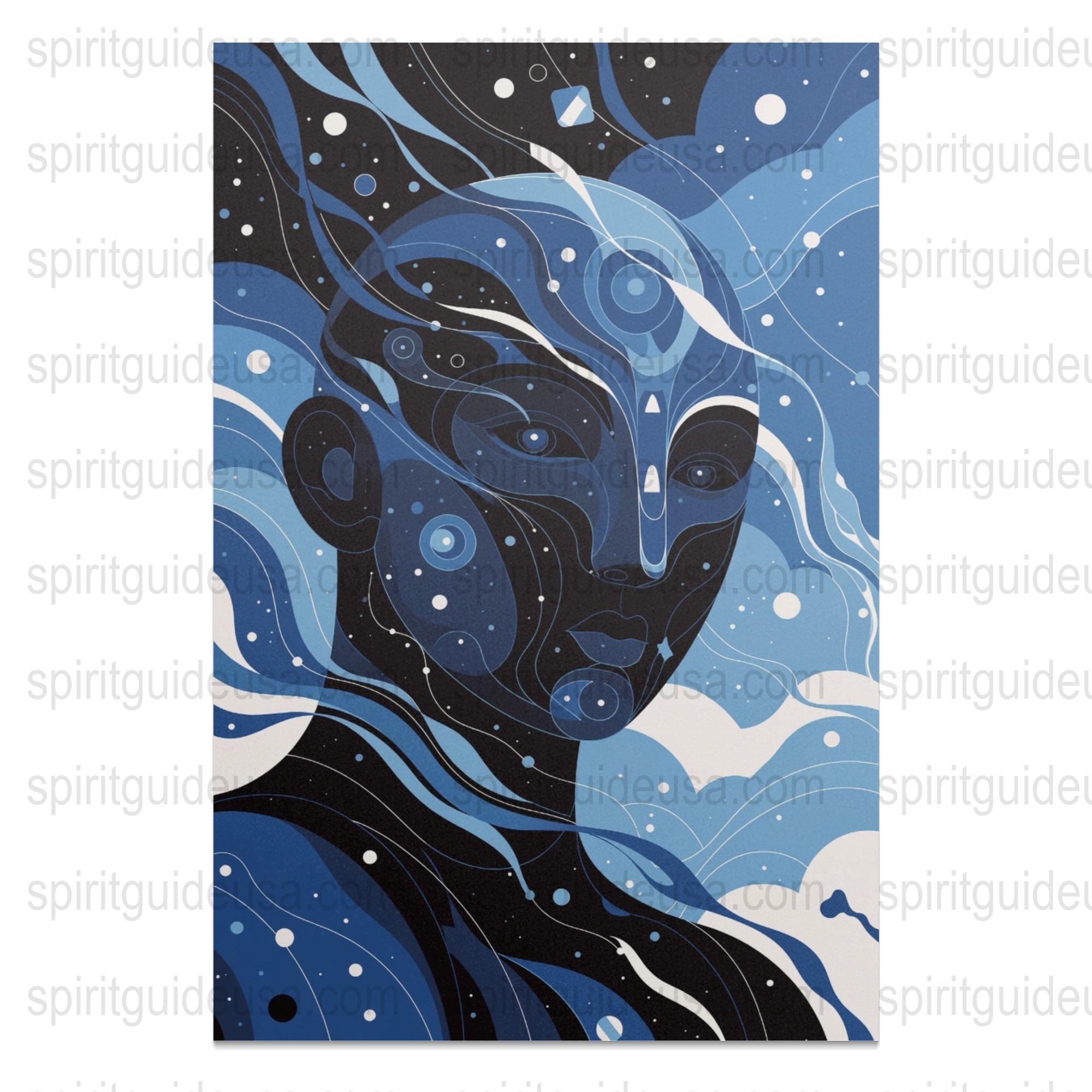 Abstract Cosmic Art Print, Blue Space Themed Wall Decor, Modern Astral Illustration Canvas