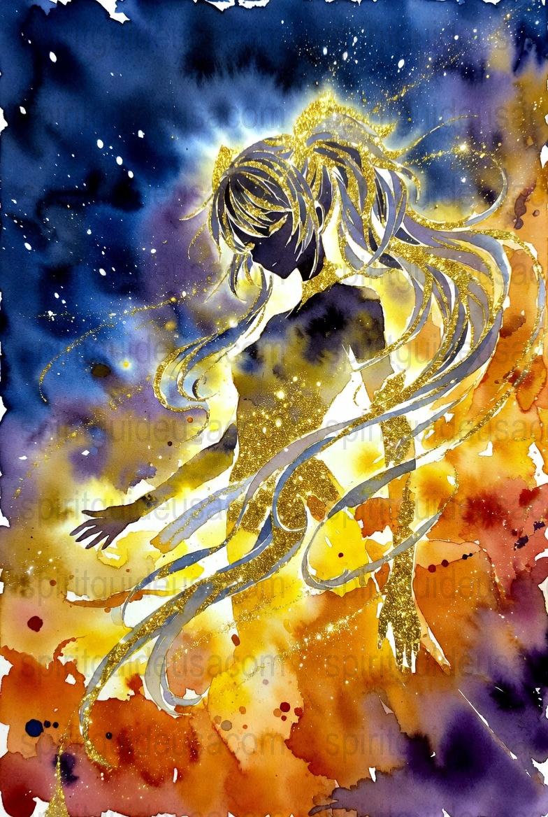 Abstract Female Figure Watercolor Painting, Golden Accents, Celestial Nightsky, Cosmic Wall Art, Mystical Decor, Unique Home Decoration