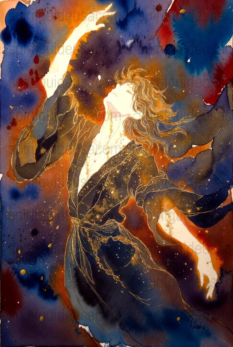 Mystic Moon Dancer Art Print, Watercolor Wall Decor, Fantasy Female Figure, Celestial Night Sky, Home Interior Gifts, Blue Gold Artwork
