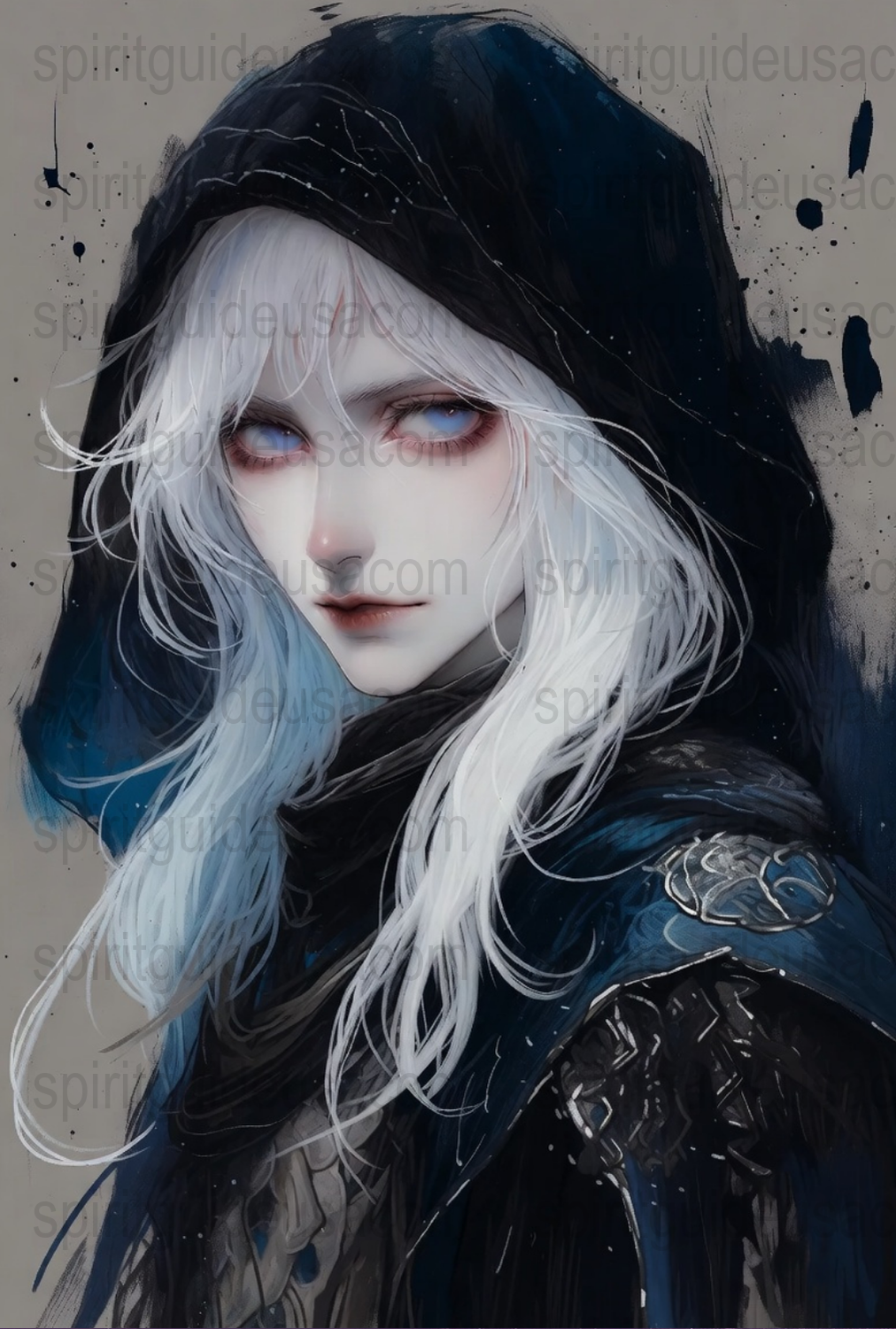 Gothic Fantasy Art Print, Mysterious Hooded Figure, Blue and Black, Wall Decor, Poster for Dark Aesthetic Room