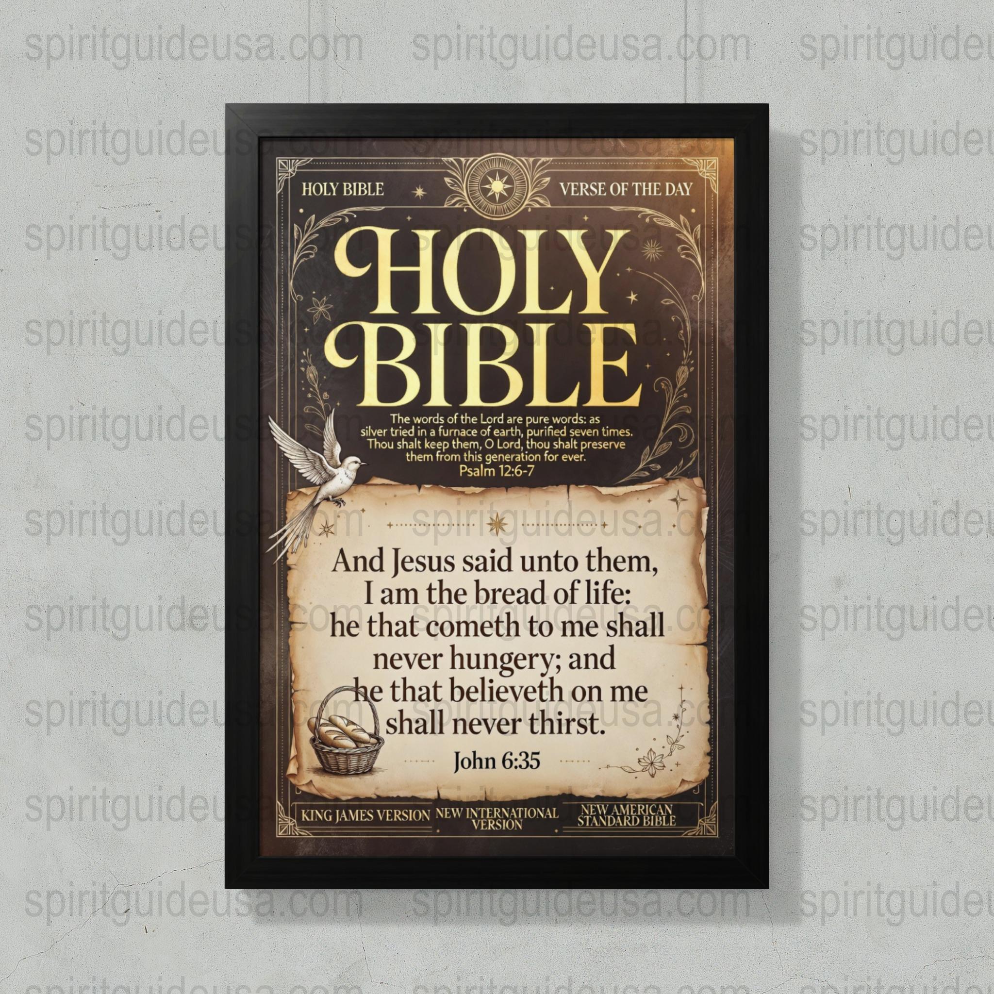 Vintage Bible Verse of the Day Framed Print, John 6:35 Christian Wall Art Decor, Inspirational Religious Home Decoration