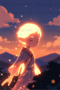 Fantasy Anime Art Print, Magical Sunset Glow, Ethereal Character, Vibrant Wall Decor, Mystical Poster