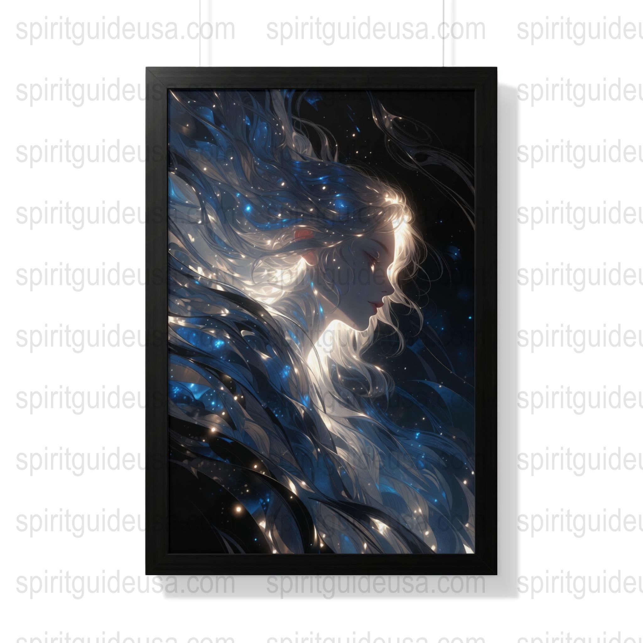 Mystical Female Silhouette with Blue Swirls Art Print, Ethereal Fantasy Wall Decor, Modern Abstract Poster