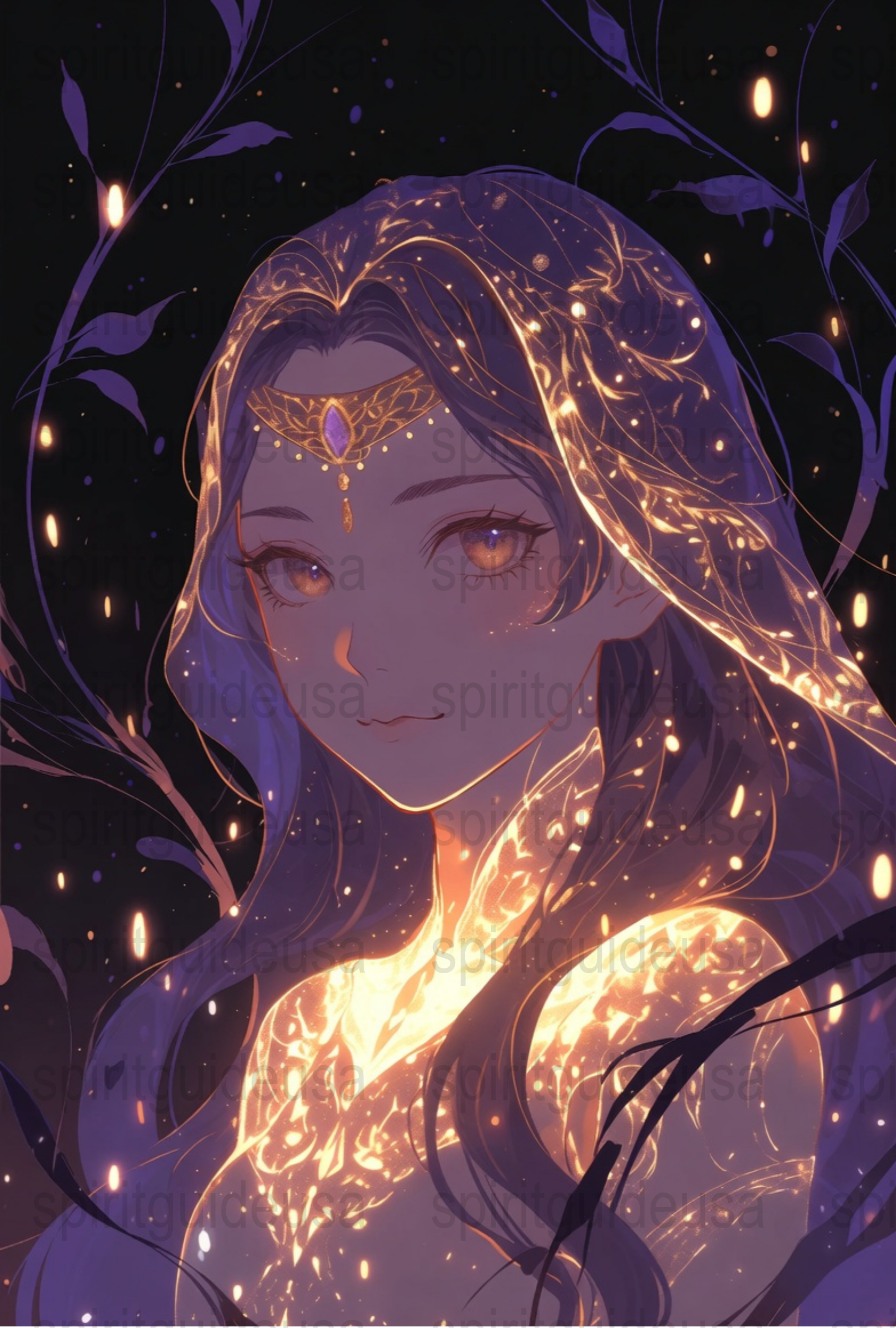 Mystical Fantasy Art Print, Enchanted Woman with Glowing Lights, Ethereal Wall Decor, Digital Illustration