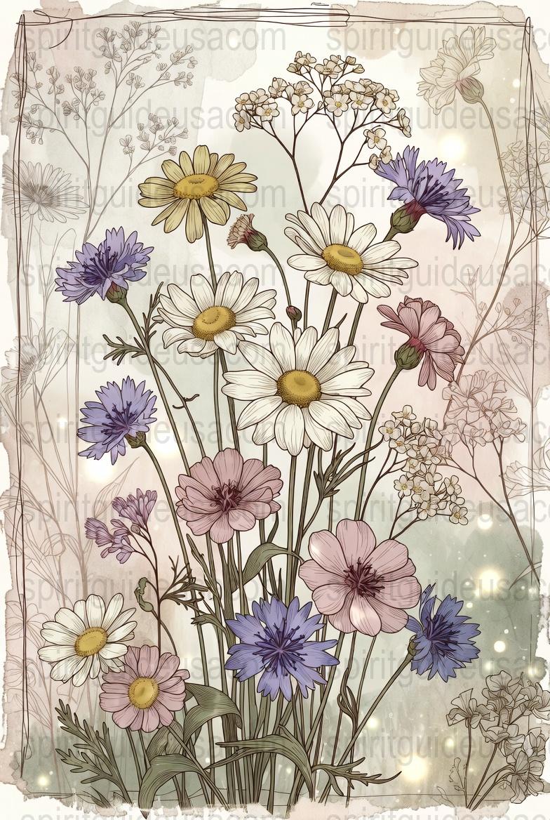 Vintage Floral Art Print, Botanical Illustration, Daisy and Wildflower Wall Decor, Soft Color Palette