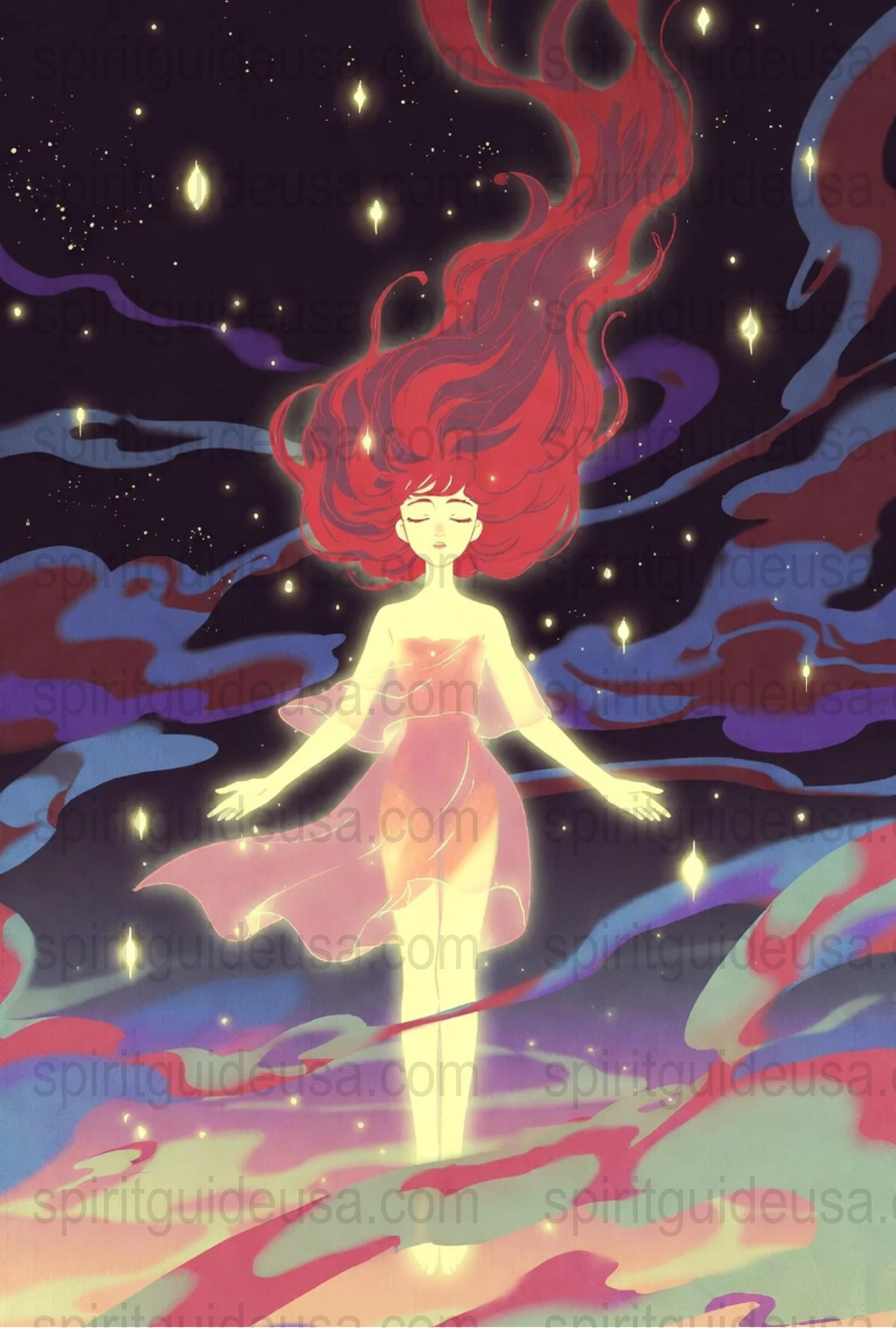 Mystical Red-Haired Woman Art Print, Celestial Night Sky Poster, Spiritual Wall Decor, Fantasy Illustration, Ethereal Gift Idea