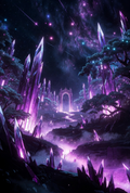 Mystical Fantasy Landscape Poster, Purple Crystal Forest, Starry Night Sky, Enchanted Gateway Wall Art Decor