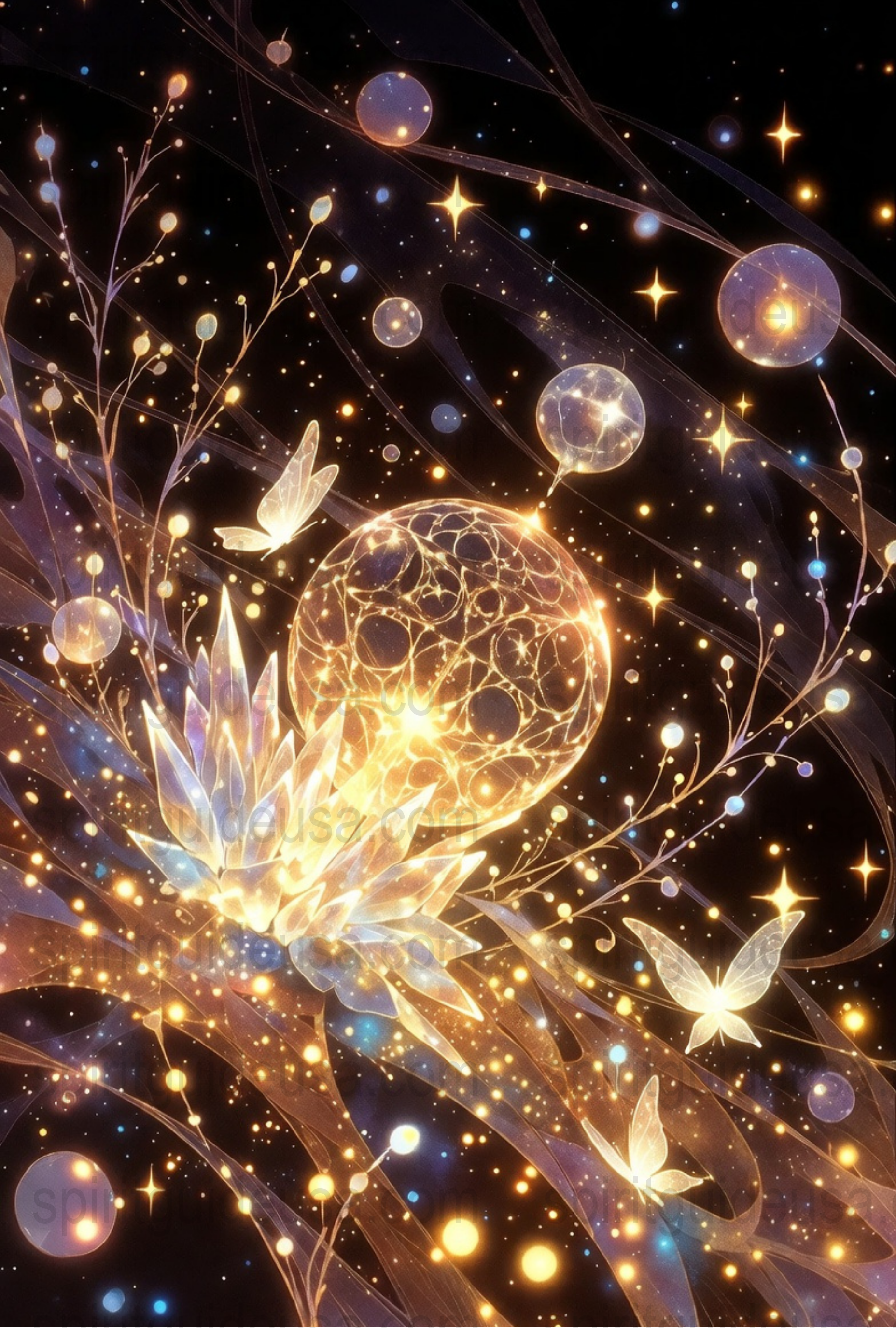 Celestial Fantasy Art Print, Butterfly and Crystal Moon Wall Decor, Mystical Galaxy Poster, Ethereal Space Artwork