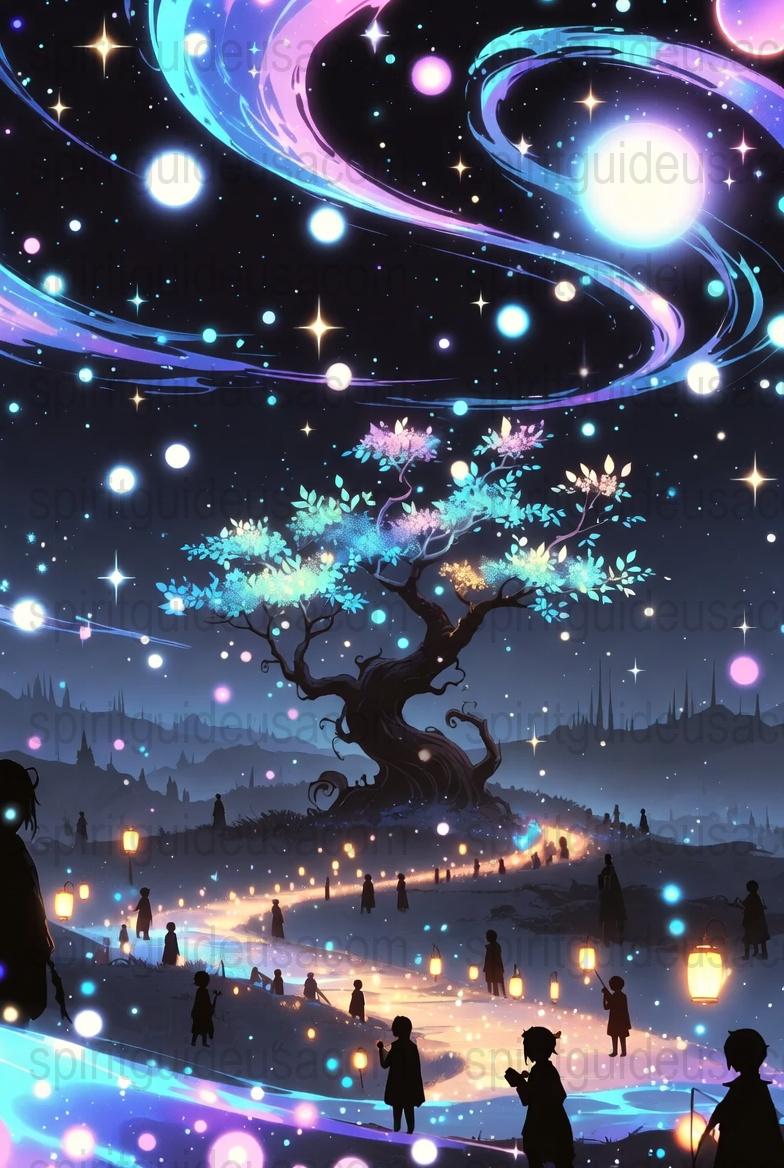 Enchanted Night Sky Art Print, Colorful Cosmic Landscape with Tree, Starry Night Poster, Celestial Wall Decor, Astronomical Illustration