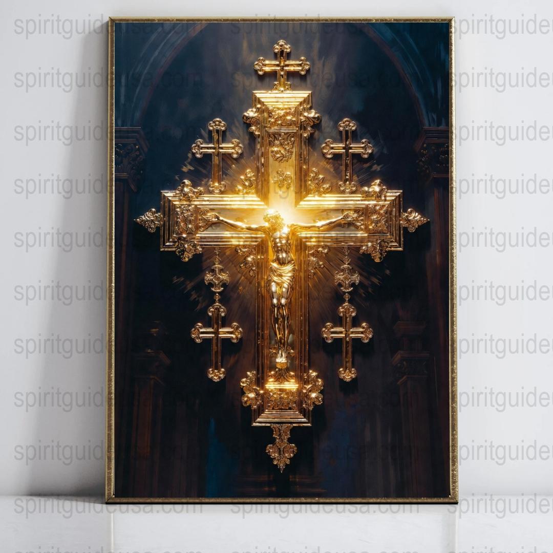 Ornate Golden Cross Wall Art, Religious Gold Crucifix, Spiritual Christian Decor, Luxurious Home Decoration, Elegant Church Artwork