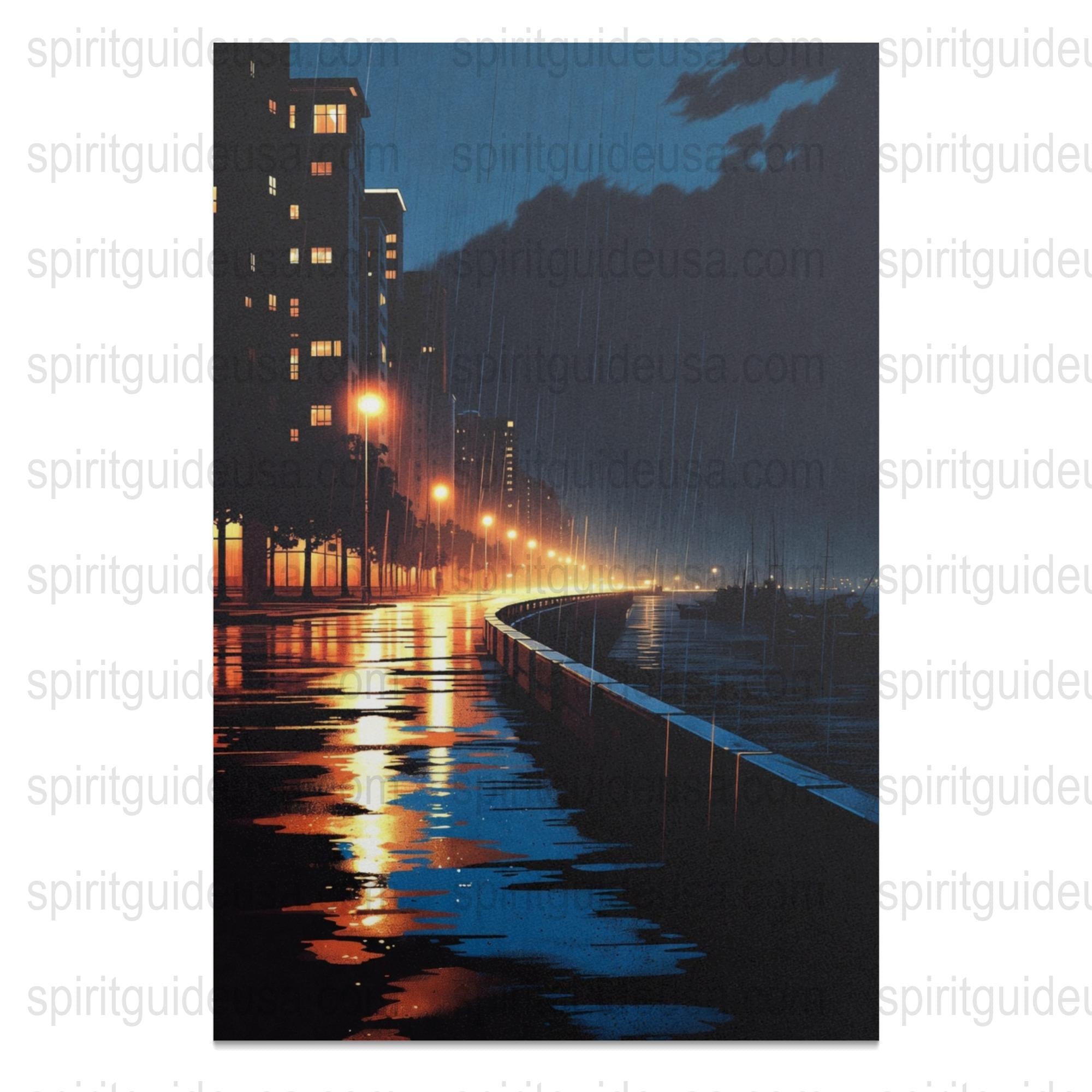 Urban Night Scene Canvas Print, Cityscape Wall Art, Rainy Street Lights Reflection Home Decor