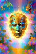 Vibrant Fantasy Art Print, Mystical Face with Dragons, Colorful Spiritual Wall Decor, Psychedelic Poster