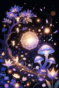 Enchanted Forest Night Light Wall Art, Magical Tree, Glowing Mushrooms, Mystical Lanterns, Floral Fantasy Illustration Print