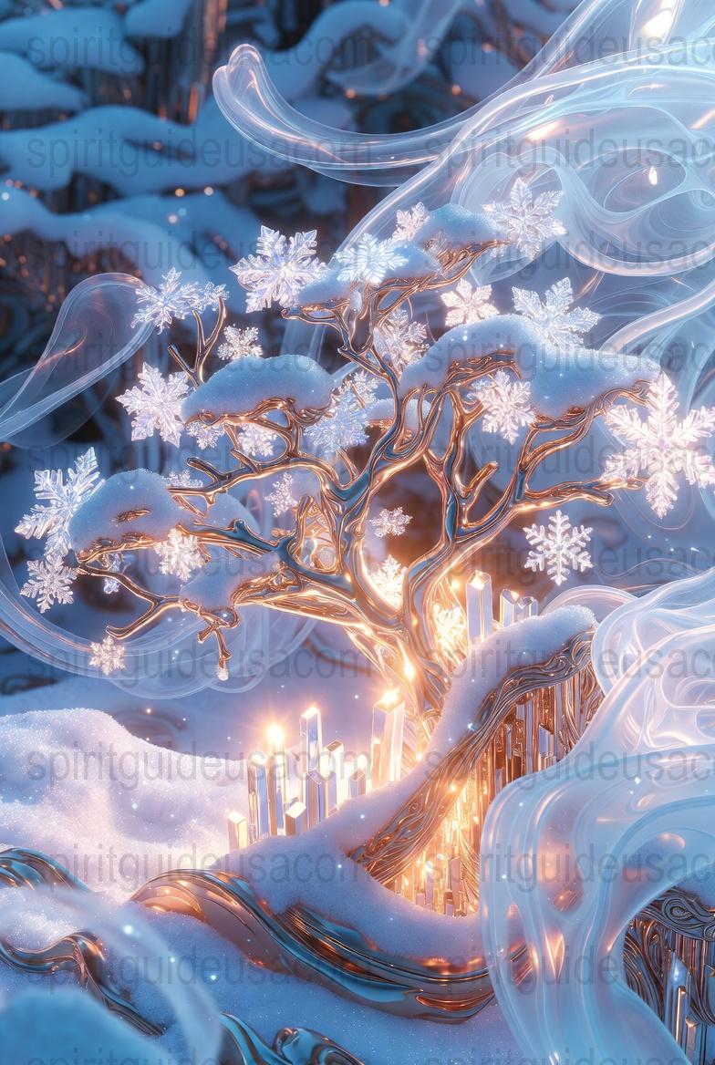 Winter Wonderland Tree Art Print, Snowy Landscape, Glowing Lights, Frosty Blue and White Decor