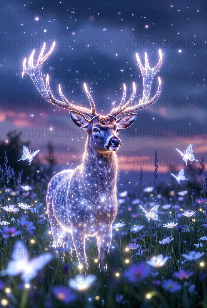 Magical Glowing Deer Canvas Print, Enchanted Forest Artwork with Butterflies, Mystical Night Sky Wall Decor, Fantasy Home Decoration