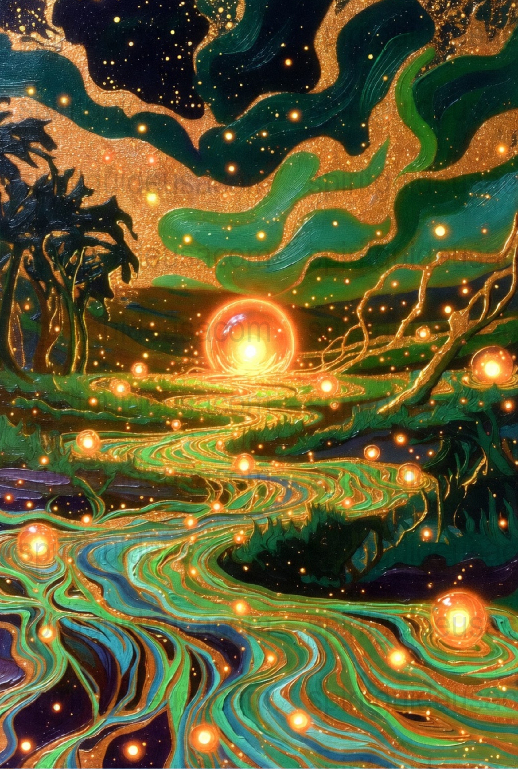 Mystical Landscape Art Print, Starry Night Sky, Cosmic River, Glowing Orbs, Fantasy Wall Decor, Enchanted Forest Poster