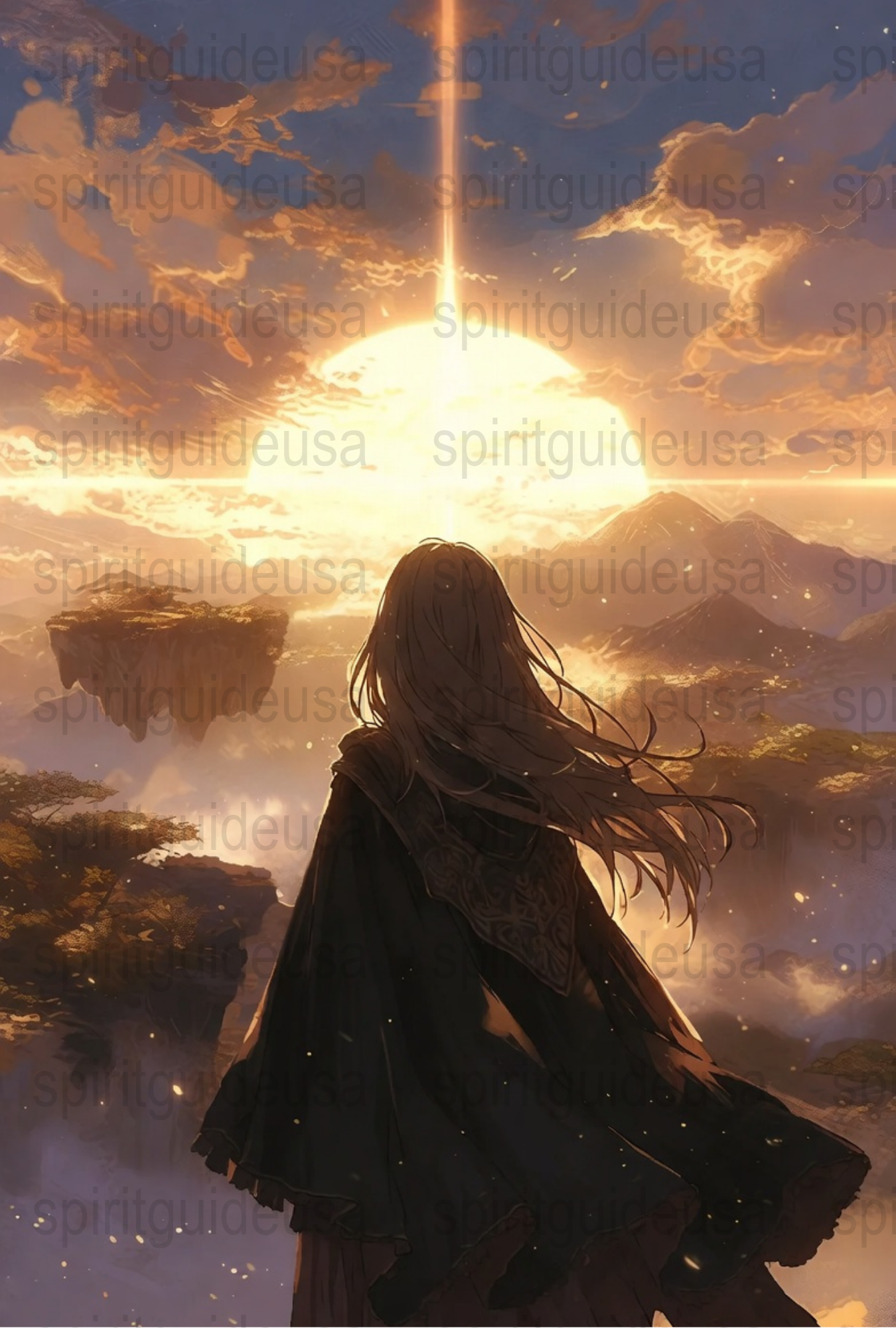 Mystical Sunset Forest Anime Art Print, Fantasy Landscape Poster with Ethereal Girl