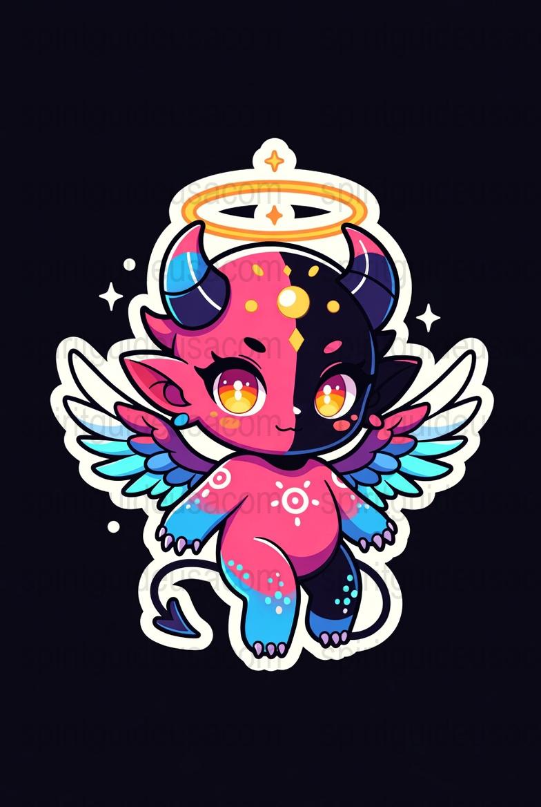 Cute Angel Demon Hybrid Sticker, Fantasy Creature, Pink Blue Vinyl Decal, Waterproof Laptop Decal, Kawaii Art, Gift for Fantasy Lovers