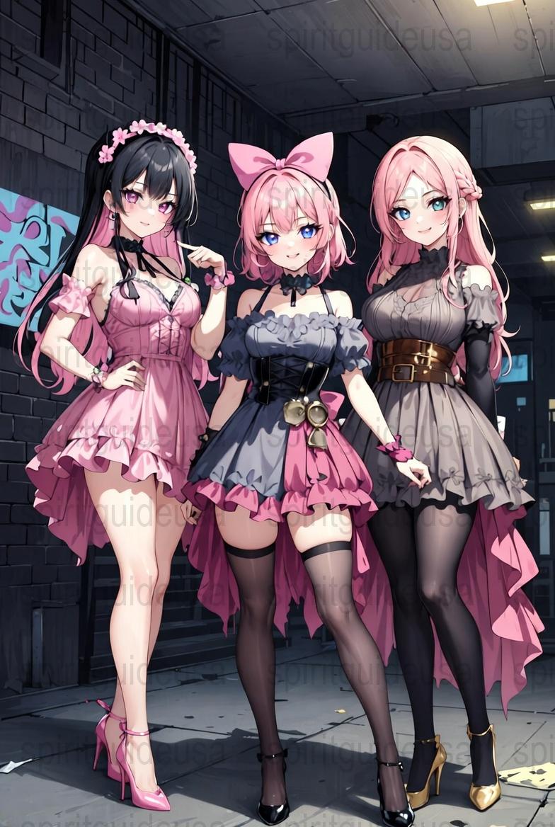 Anime Girl Poster, Cute Maid Outfits, Pink and Black Dresses, Urban Background Art
