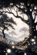 Enchanted Forest Art Print, Mystical Trees Night Landscape, Magical Light Wall Decor, Fantasy Nature Illustration, Home Decoration