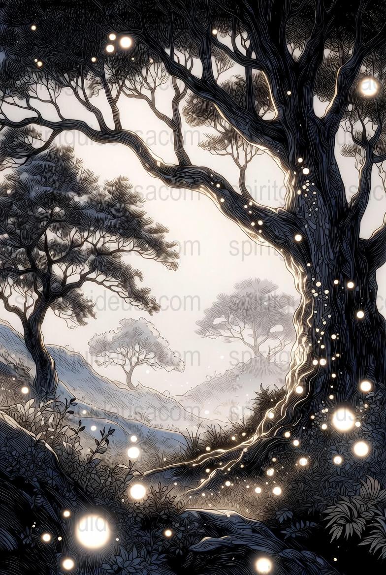 Enchanted Forest Art Print, Mystical Trees Night Landscape, Magical Light Wall Decor, Fantasy Nature Illustration, Home Decoration