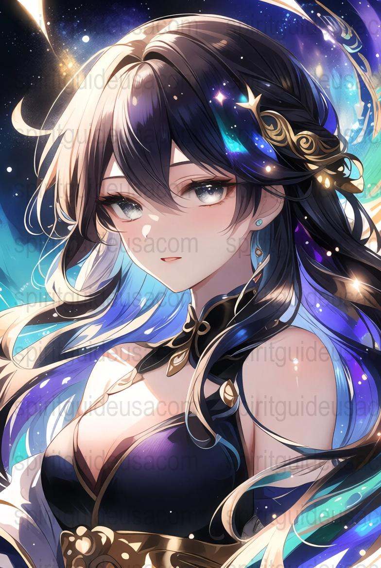 Fantasy Anime Art Print, Starry Night, Celestial Warrior Princess, Wall Decor, Gift for Manga Lovers, Vibrant Colors