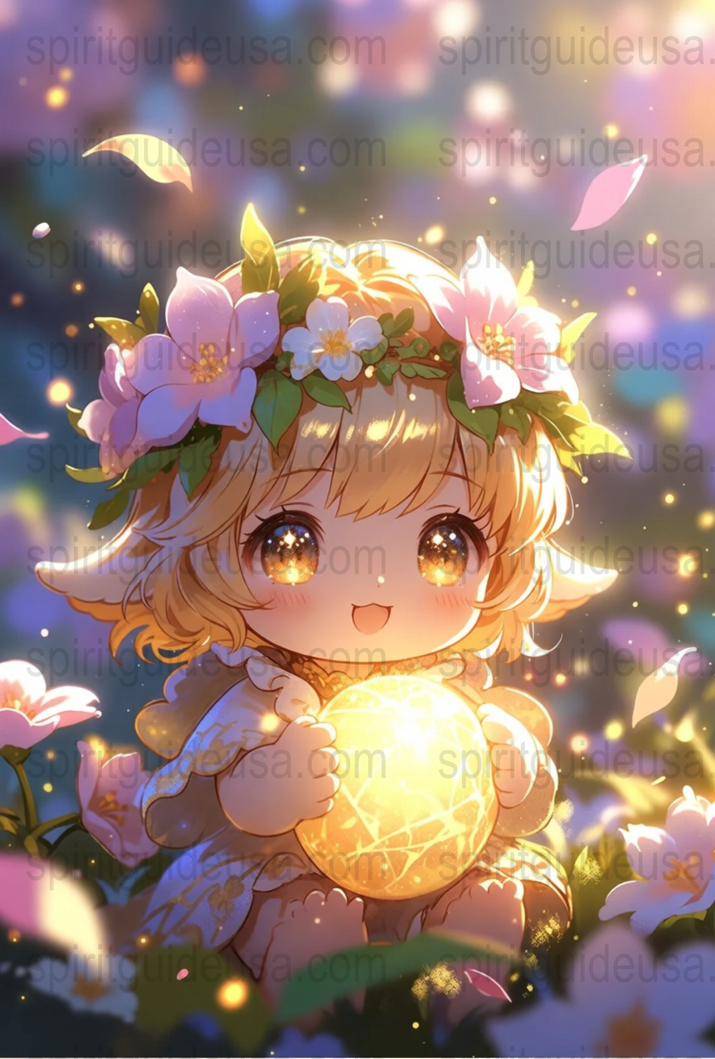 Anime Art Print, Cute Magical Girl with Flower Crown, Sparkling Eyes, Fantasy Wall Decor, Colorful Poster for Nursery or Bedroom