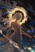 Mystical Celestial Art Print, Starry Night Sky, Ethereal Woman Silhouette, Gold and Blue Wall Decor, Fantasy Illustration Poster