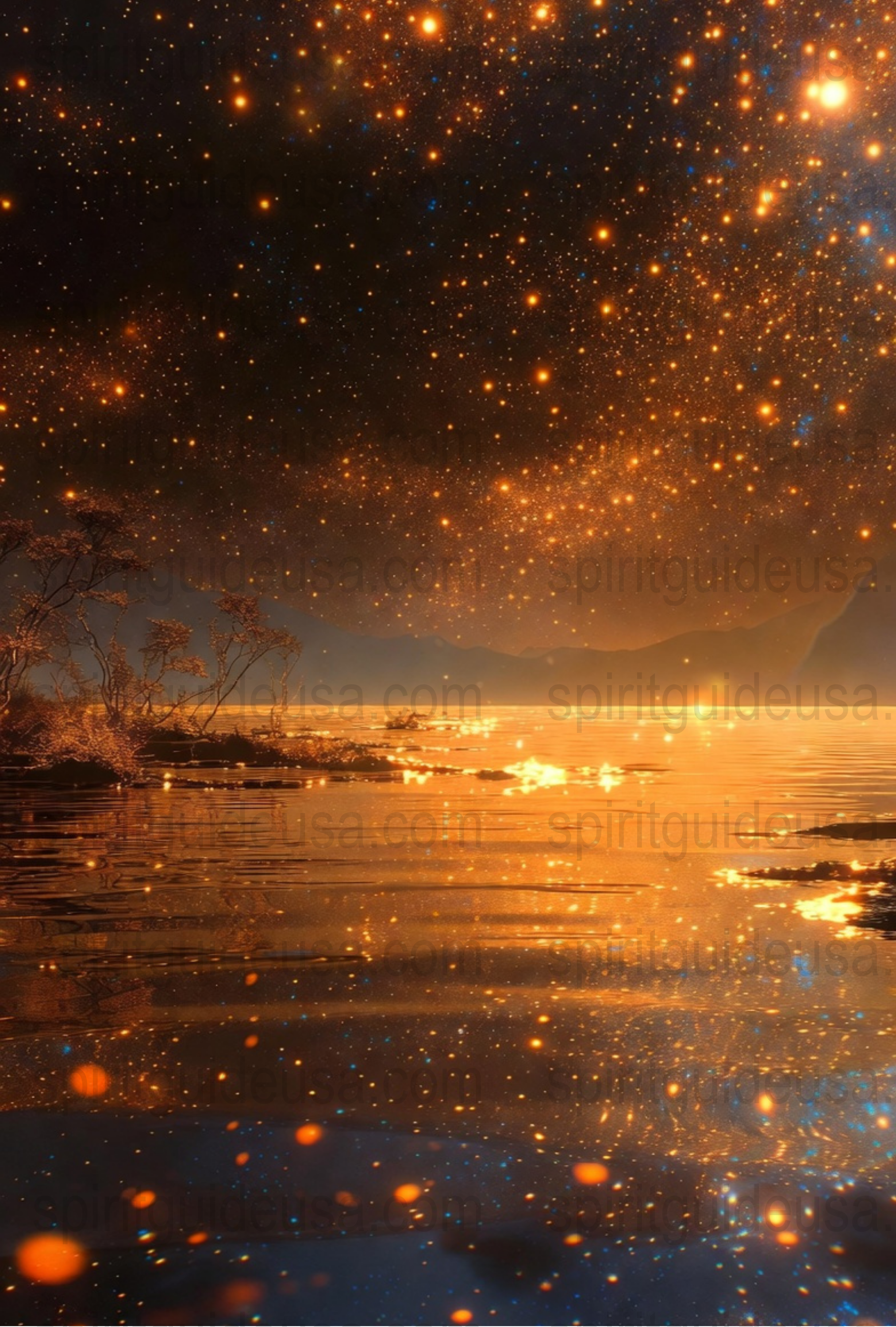 Starry Night Sky Reflection Lake Scenery Wall Art, Golden Nature Landscape Poster, Peaceful Bedroom Decor, Warm Tones Living Room Artwork