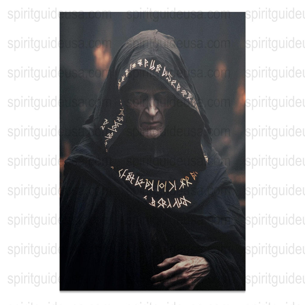 Dark Mystic Hooded Figure Poster, Ancient Script Fantasy Art, Atmospheric Wall Decor, Gothic Home Decoration