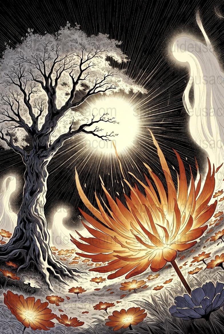 Mystical Tree and Vibrant Fire Flower Art Print, Fantasy Nature Illustration, Wall Decor, Moonlit Night Sky Poster, Unique Artwork