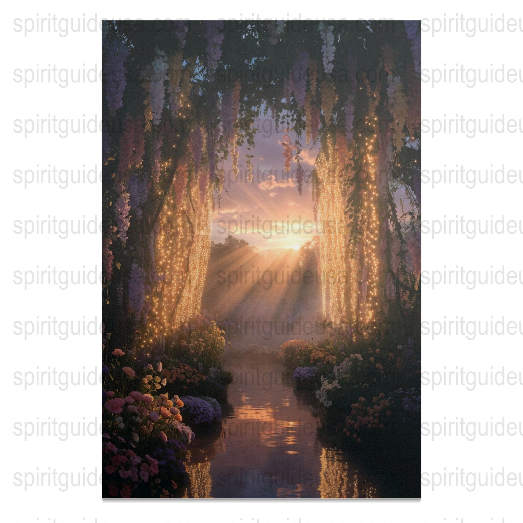Enchanted Forest Canvas Art, Mystical Woodland Sunset Scene, Fairy Lights, Nature Wall Decor