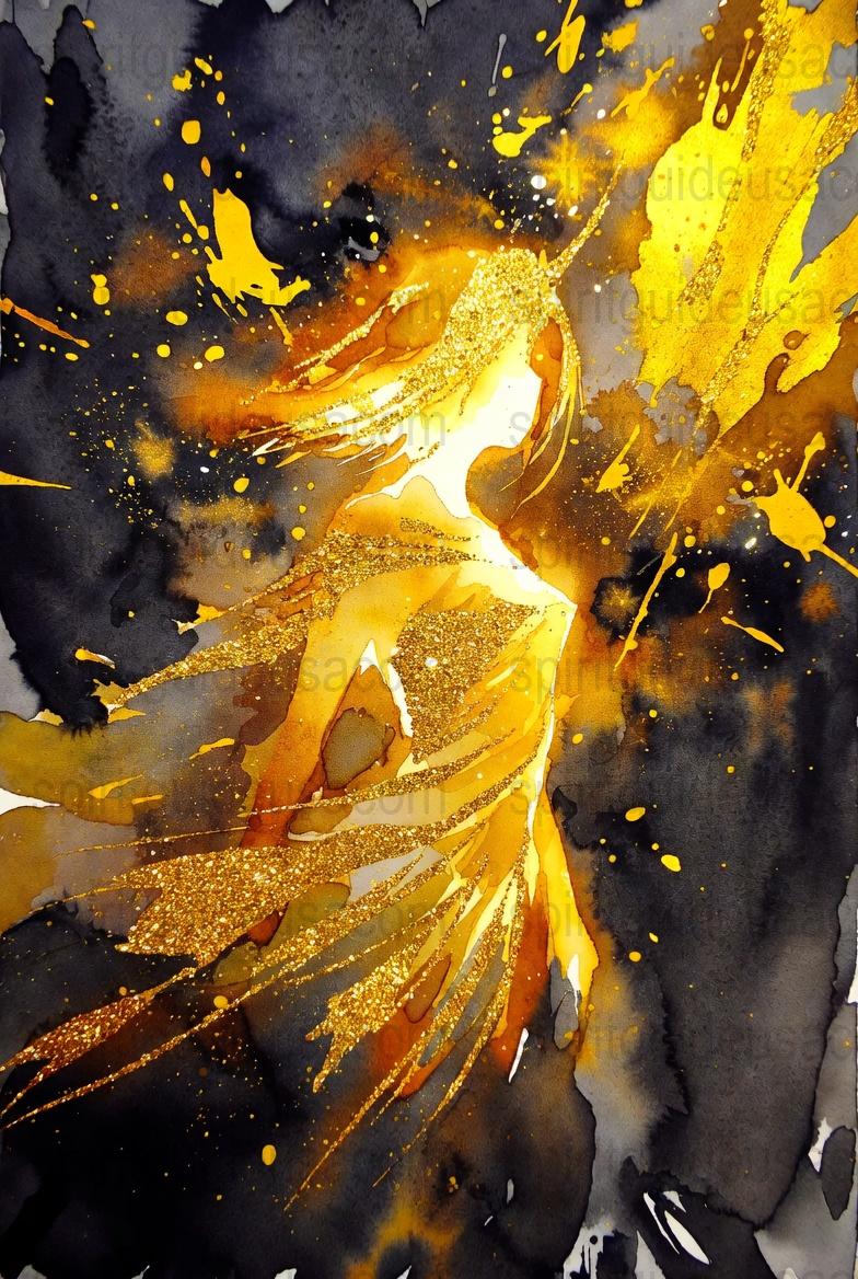 Abstract Golden Splash Art Print, Modern Black and Gold Wall Decor, Contemporary Watercolor Painting, Luxurious Home Office Artwork