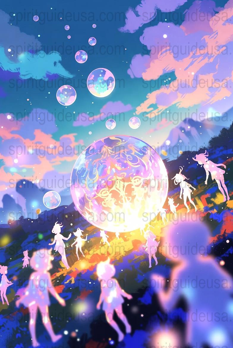 Fantasy Art Print, Mystical Fairies and Magical Orb, Enchanted Forest Poster, Colorful Wall Decor, Celestial Night Sky, Sparkling Bubbles