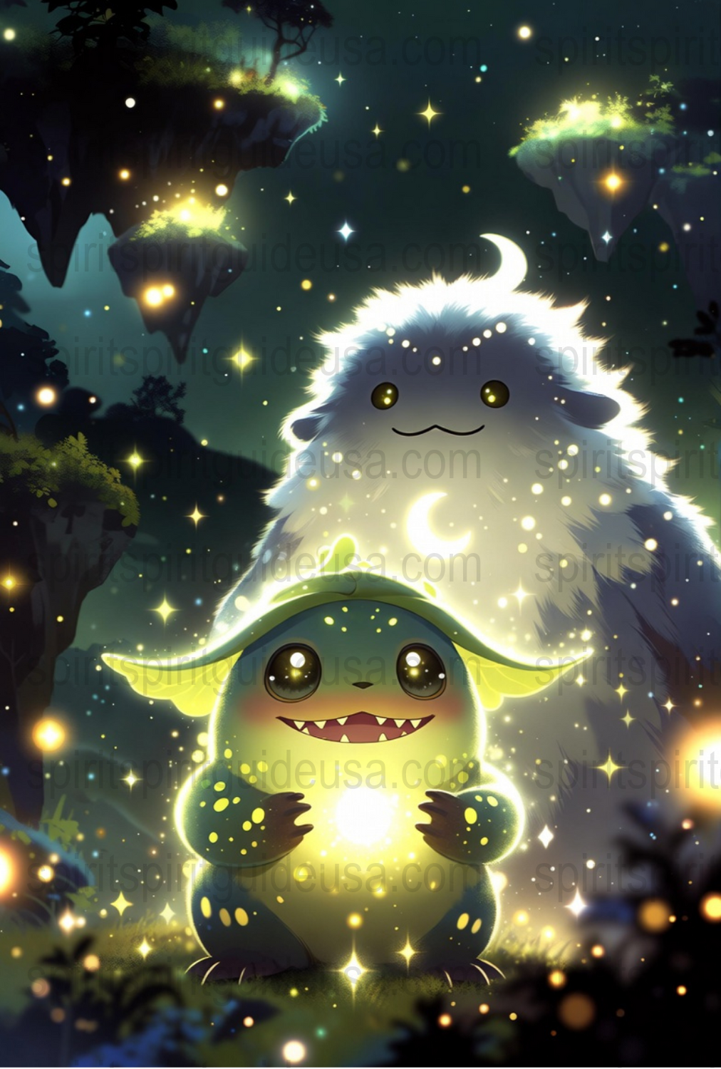 Cute Fantasy Creature Art Print, Enchanted Forest Night Scene, Whimsical Nursery Wall Decor, Luminous Creatures Poster