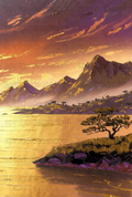 Japanese Sunset Mountain Landscape Art, Vibrant Colorful Wall Decor, Asian Inspired Painting