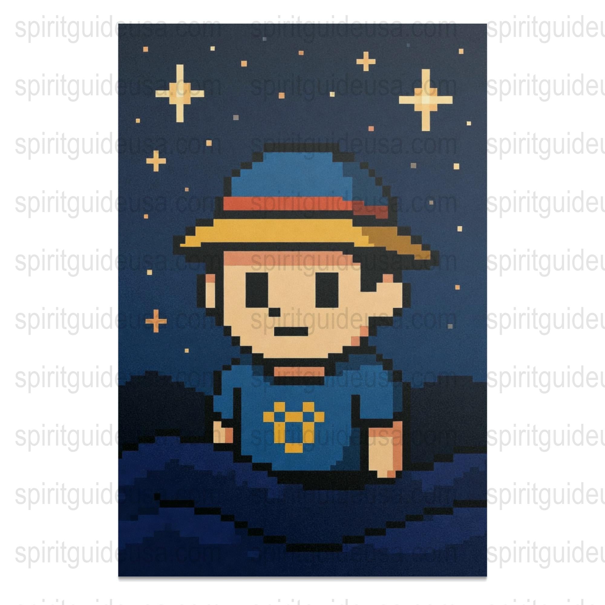 Pixel Art Print of Video Game Character in Blue Hat, Starry Night Background, Wall Decor