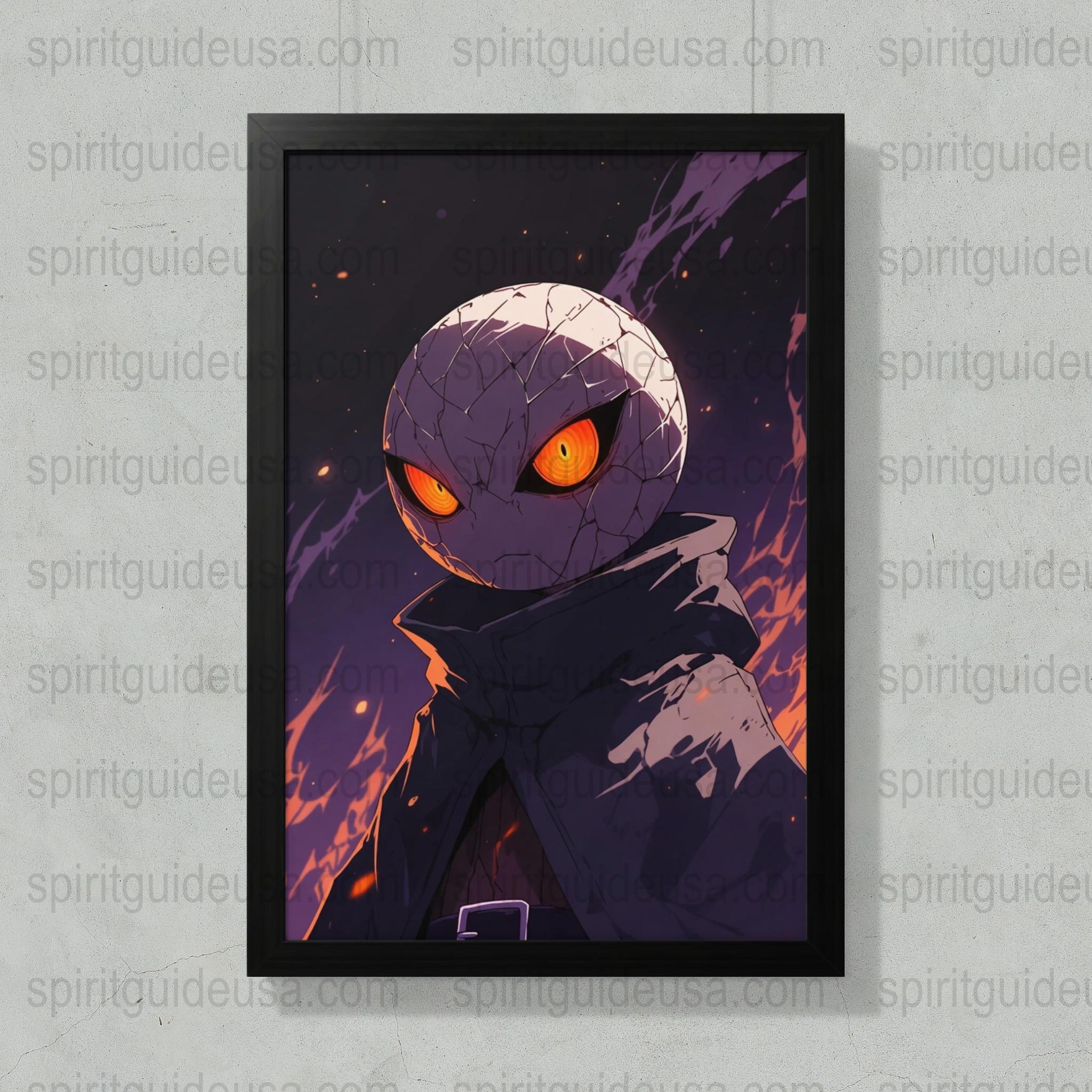 Dark Fantasy Anime Art Print, Mysterious Hooded Character, Orange Eyes, Framed Poster for Home Decor