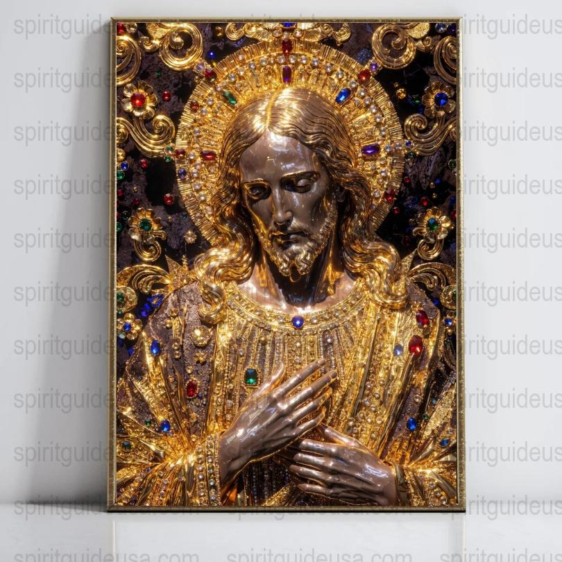 Ornate Religious Icon Art Print, Gold Embellished Jesus Portrait, Christian Wall Decor, Spiritual Gift Idea