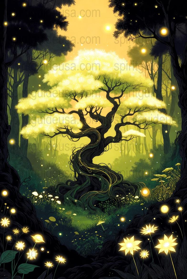 Enchanted Forest Art Print, Mystical Tree with Glowing Lights, Fantasy Nature Wall Decor, Magical Landscape Poster, Home Decoration