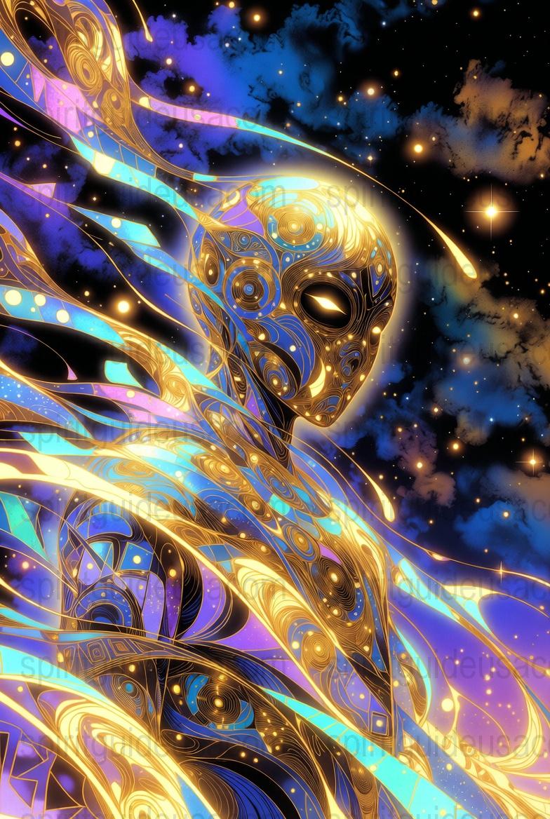 Cosmic Android Art Print, Vibrant Space Golden Robot Poster, Futuristic Digital Wall Art Decor, Astronomy Enthusiast Gift