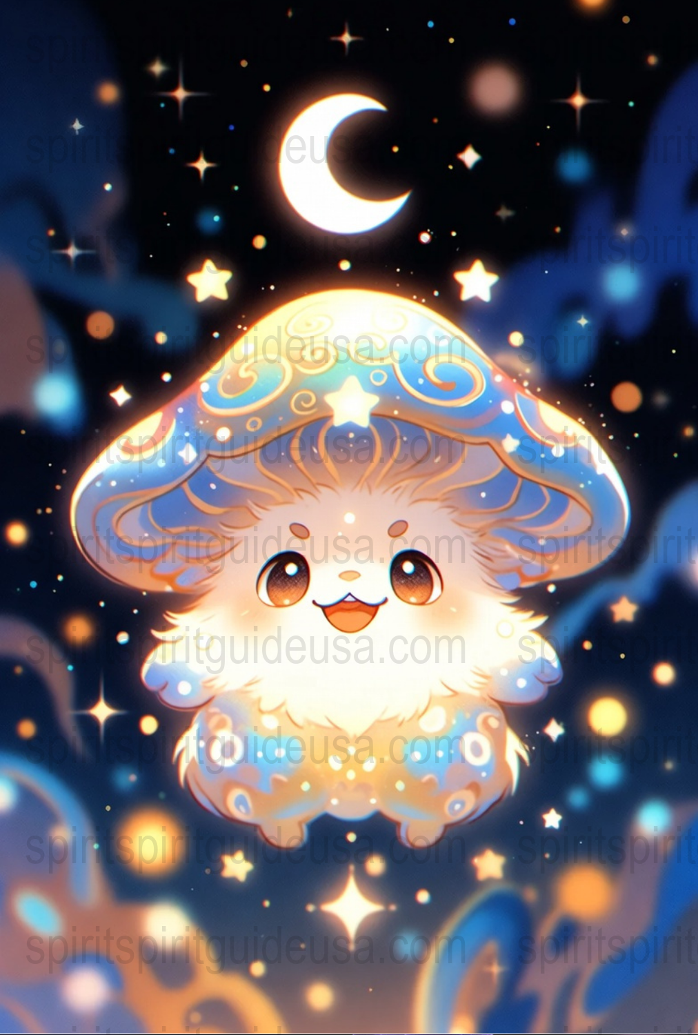 Cute Mushroom Character Night Sky Moon Stars Glitter Digital Art Print, Kids Room Decor, Whimsical Wall Art, Fantasy Illustration