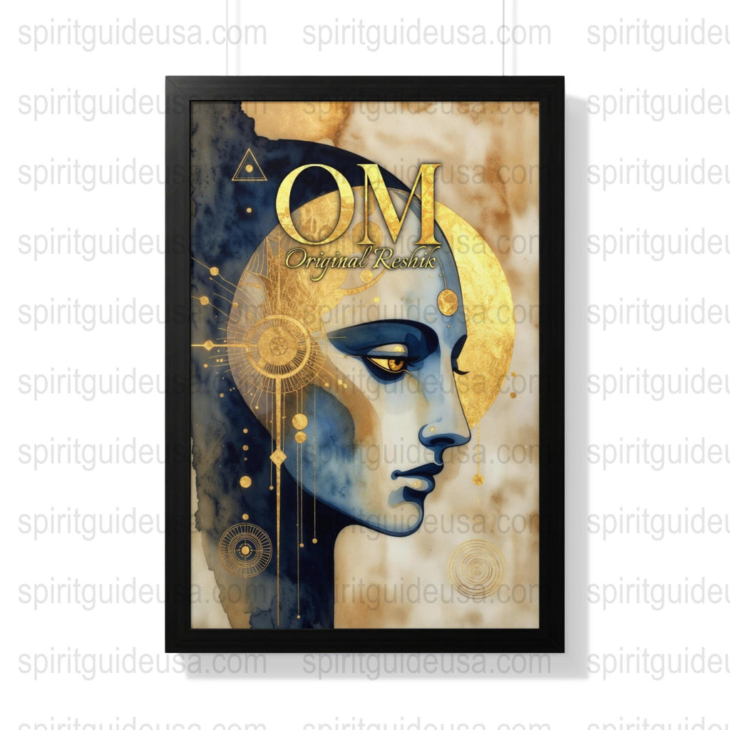 Spiritual Om Art Print, Yoga Meditation Wall Decor, Cosmic Moon and Sun Poster, Mystical Home Decoration, Blue and Gold Artwork
