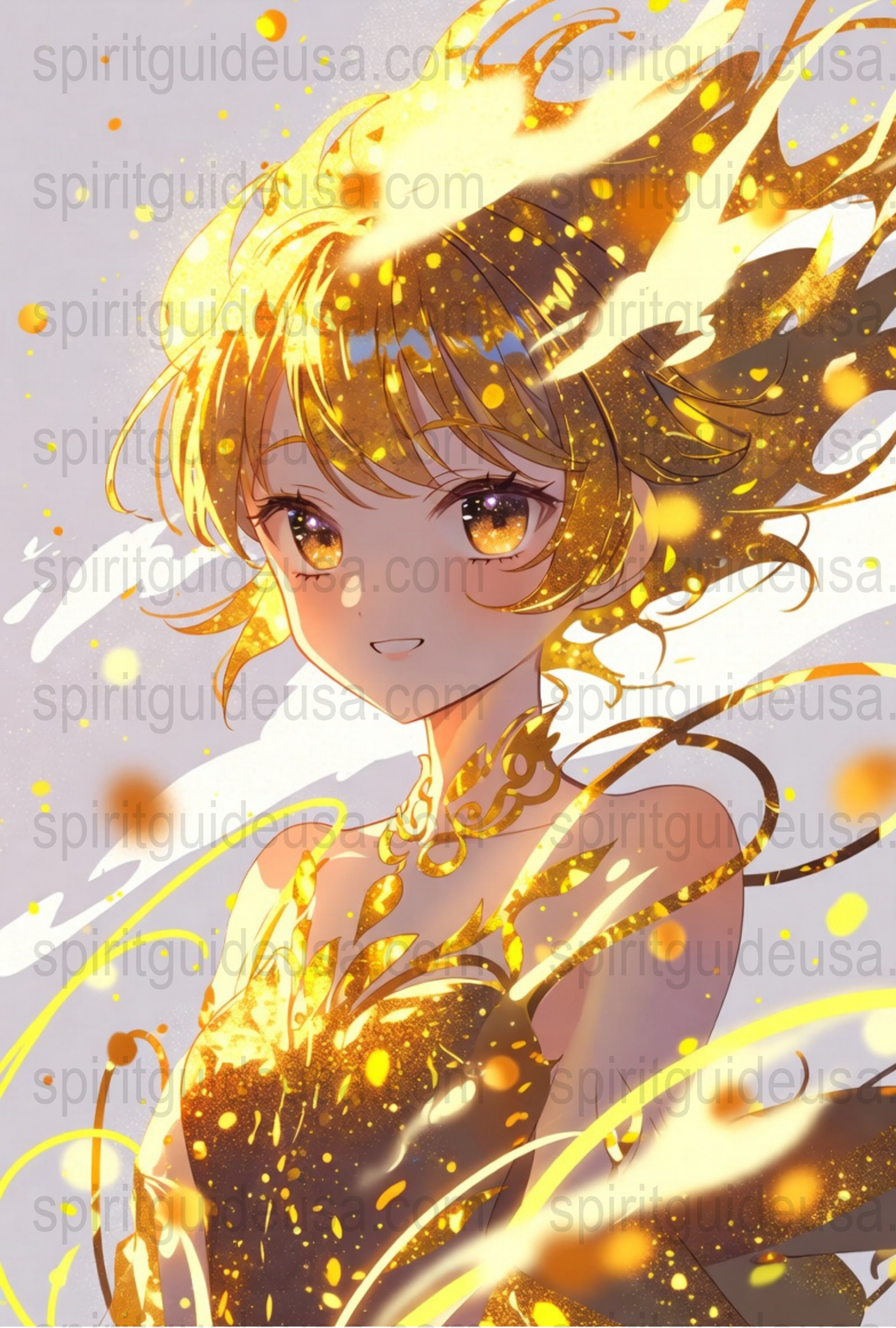 Anime Art Print, Golden Fantasy Girl, Sparkling Eyes, Wall Decor, Poster for Bedroom, Vibrant Yellow Illustration