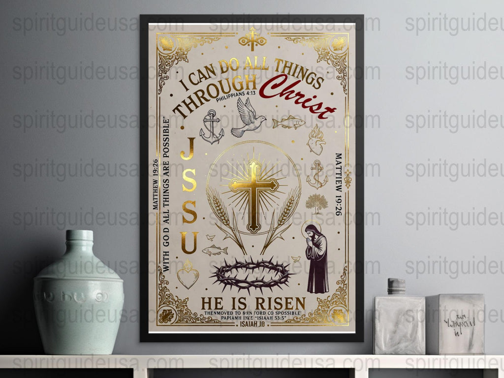 Christian Wall Art Poster, He Is Risen, Sword Cross Dove, Bible Verse Decor, Inspirational Quote Print