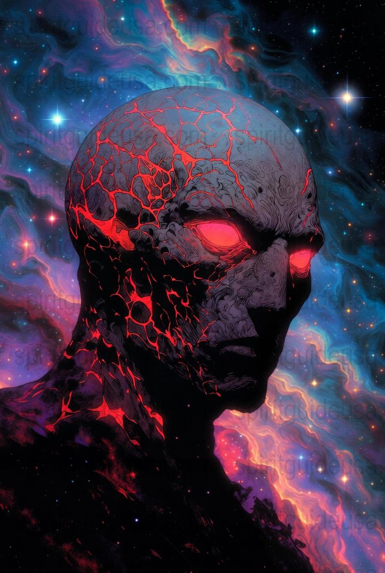 Cosmic Alien Entity Poster, Vibrant Space Nebula Background, Red Glowing Eyes Fantasy Art Print