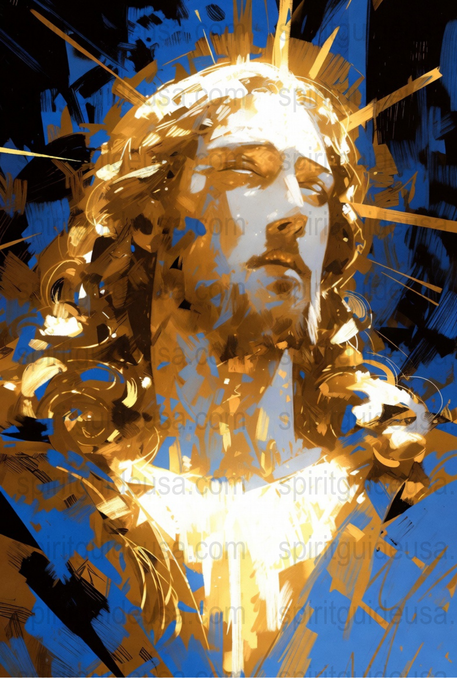 Modern Religious Art Print, Blue and Gold Christ Portrait, Abstract Spiritual Wall Art Decor